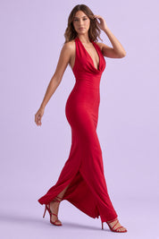 Robe longue rouge dos nu à col bénitier, coupe sirène | Vue en mouvement | Lounelle Paris