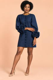 Robe droite bleu marine à manches bouffantes et poignets à volants | Vue de face | Lounelle Paris