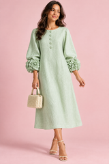 A-Line Mint Green Puff-Sleeve Midi Dress