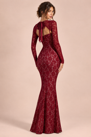 Robe longue en dentelle bordeaux à décolleté cœur | Vue de dos | Lounelle Paris