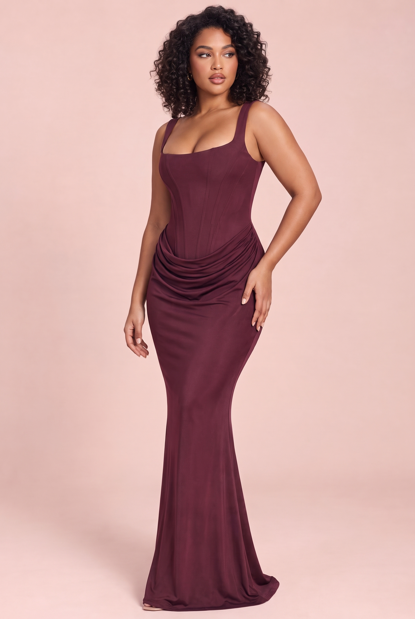 Robe longue magenta froncée à encolure carrée | Porté sur une autre silhouette | Lounelle Paris