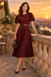 Robe midi bordeaux à col montant et manches bouffantes | Deuxième photo lifestyle | Lounelle Paris