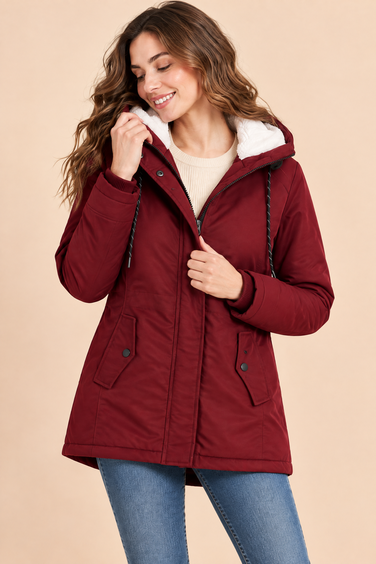 Parka bordeaux oversize à capuche | Vue rapprochée | Lounelle Paris