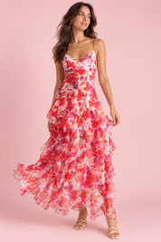 Robe longue rouge asymétrique à manches cape et imprimé lys | Vue de face | Lounelle Paris