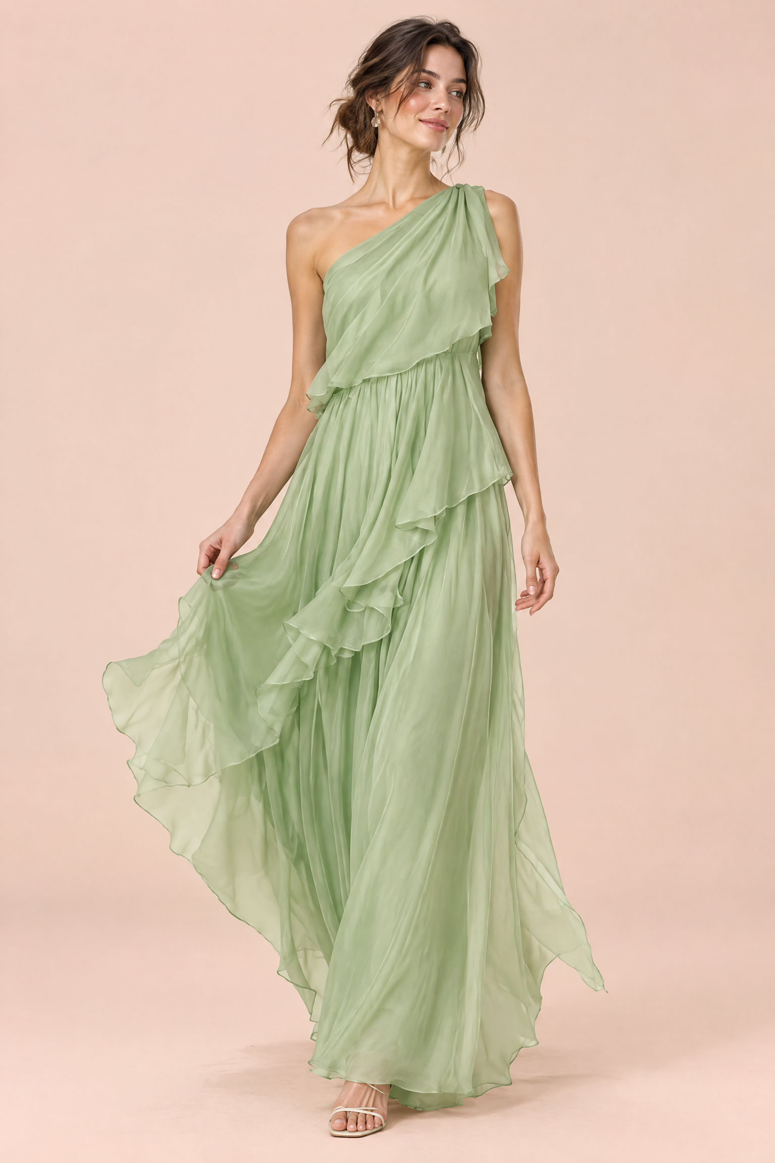 Robe verte asymétrique à volants | Vue de face | Lounelle Paris