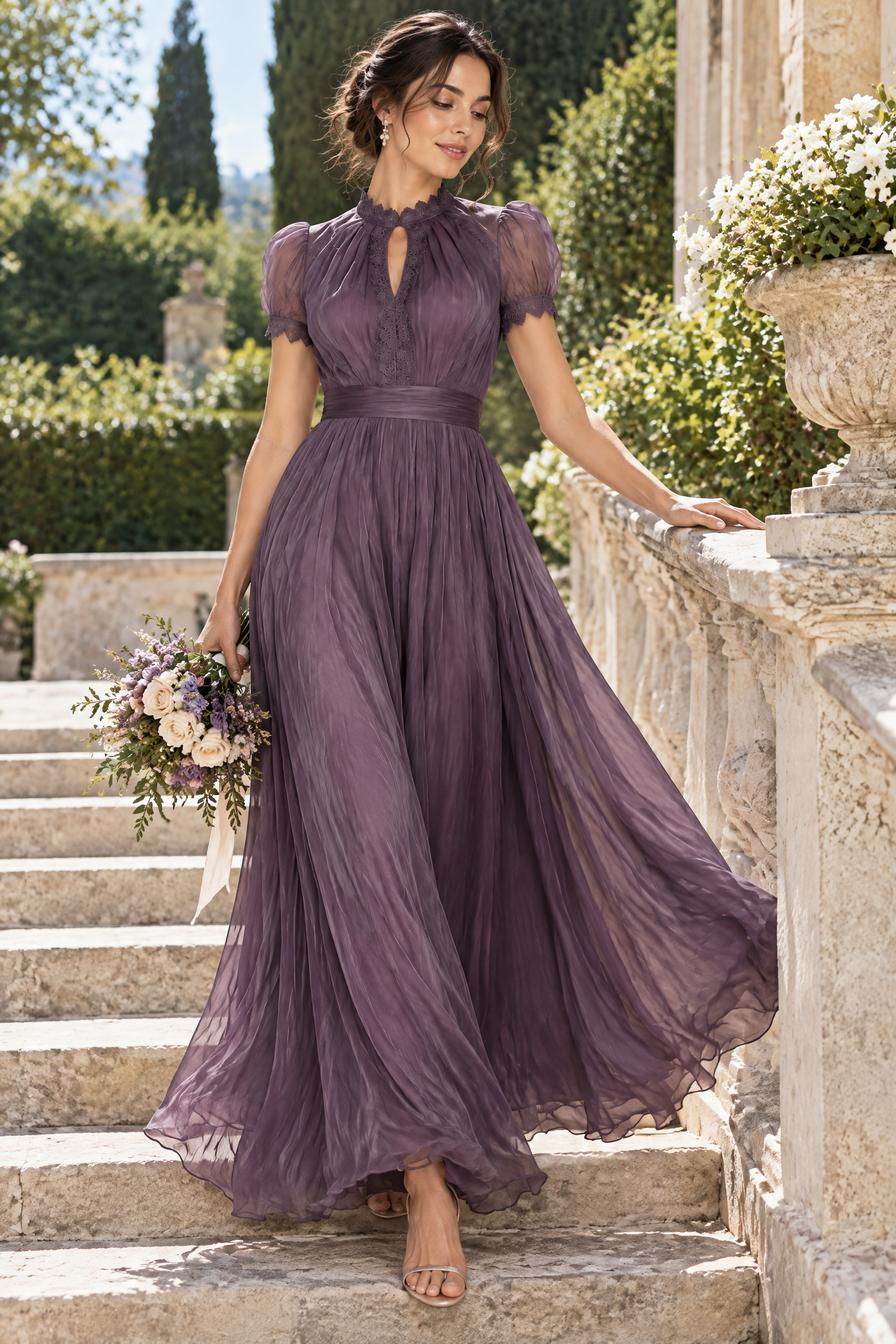 Robe longue violette à volants | Photo lifestyle | Lounelle Paris