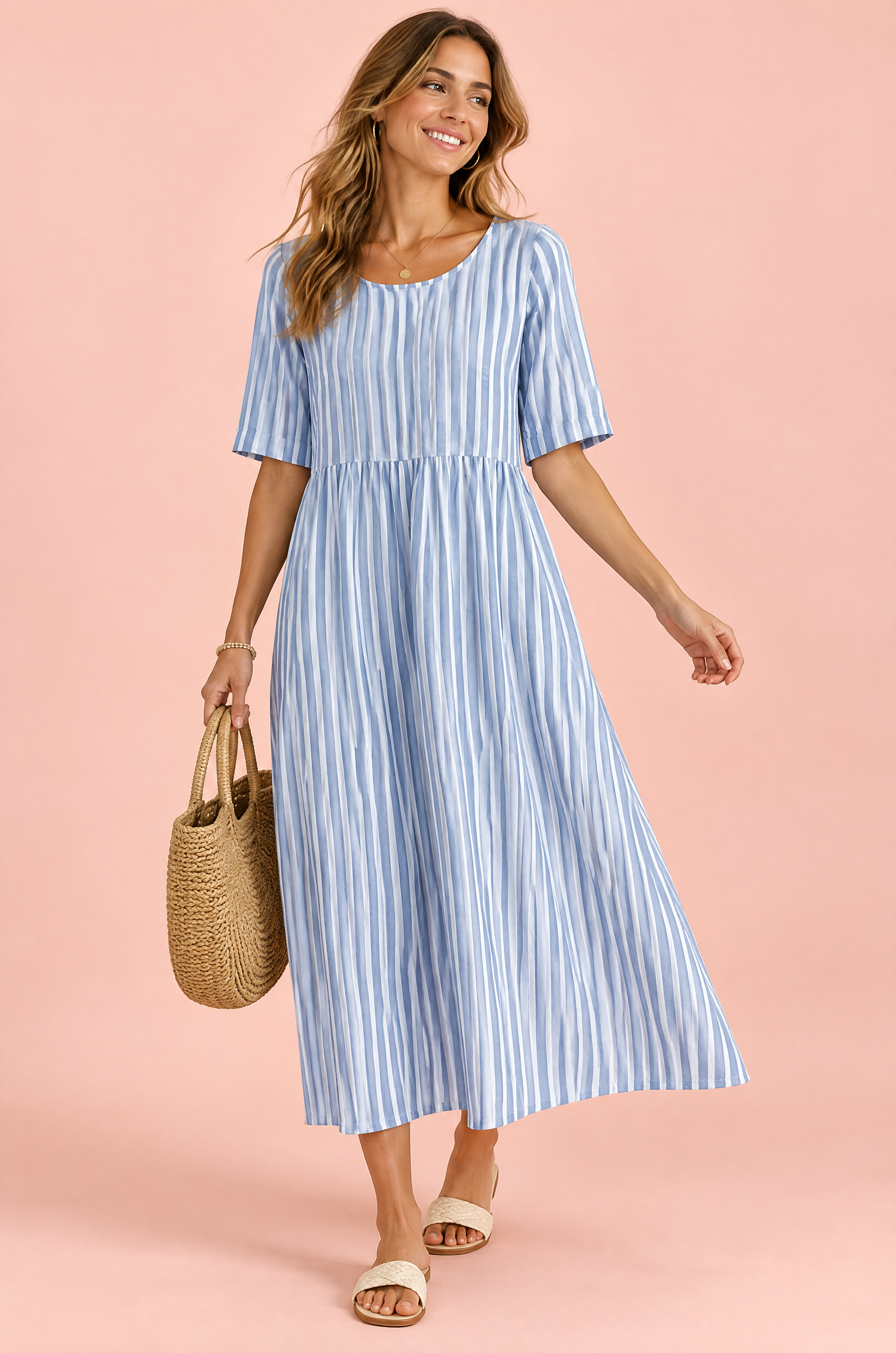 Robe midi trapèze à motif floral bleu clair | Vue de face | Lounelle Paris