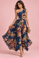 Blue Floral One-Shoulder Dress