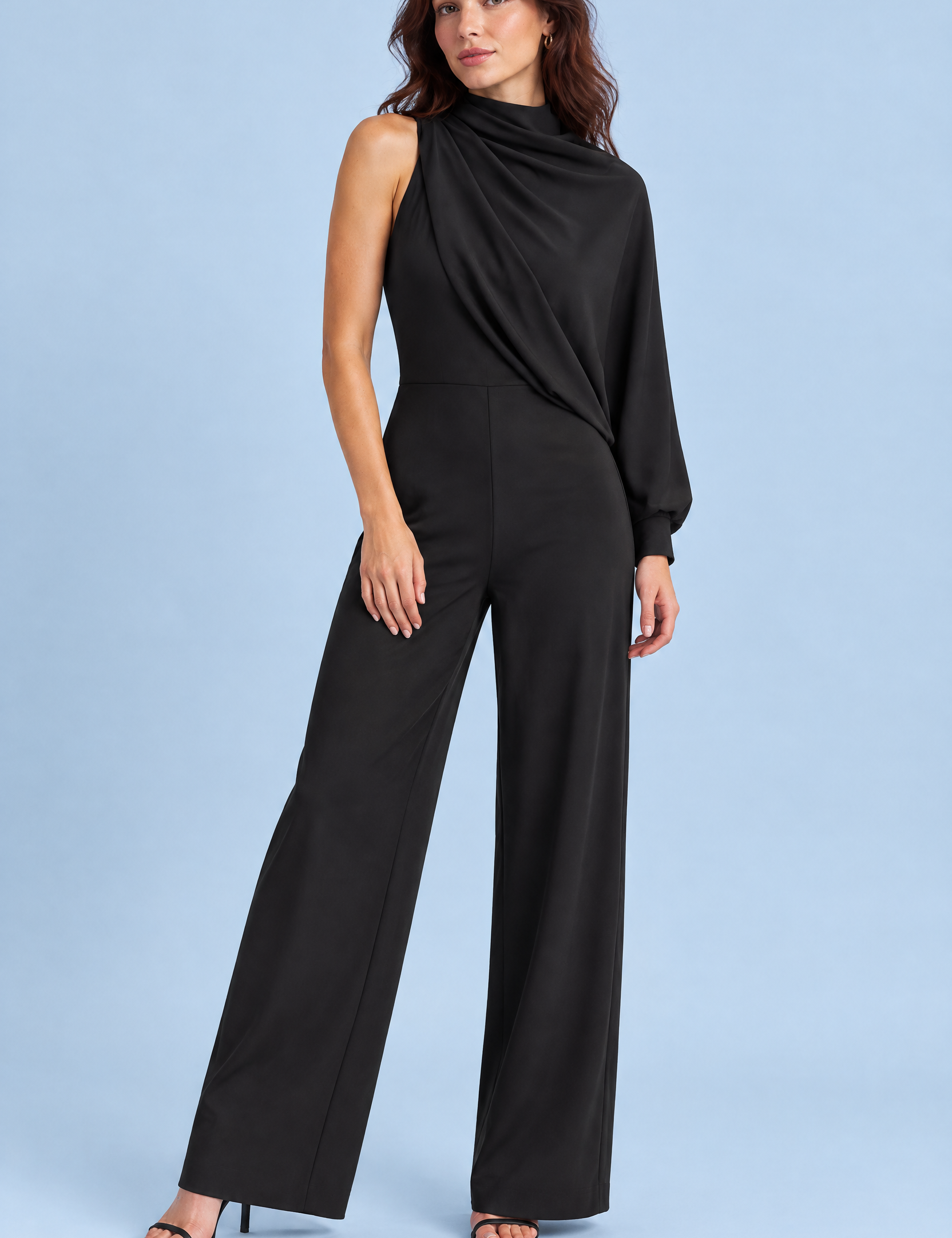 Combinaison-pantalon noire à col montant avec une seule manche longue | Vue de face | Lounelle Paris