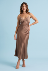 Long Brown V-Neck Slip Dress with Lace Details and Thin Straps
