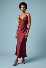 Long Burgundy V-Neck Slip Dress with Lace Details and Thin Straps