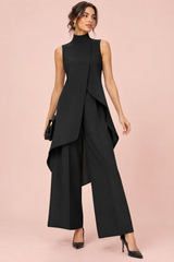 Black Sleeveless High-Neck Flowy Pants Set