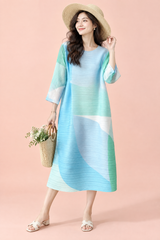 Pleated Blue A-Line Midi Dress