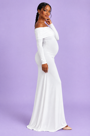Robe longue de grossesse blanche en résille froncée à col Bardot | Vue de dos | Lounelle Paris