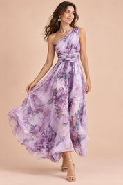 Robe fleurie violette claire à une épaule | Vue de face | Lounelle Paris