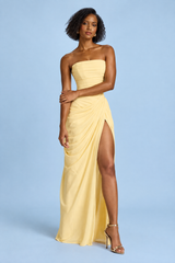 Yellow Strapless Ruched Maxi Dress