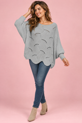 Grey Openwork Oversized Boat-Neck Sweater