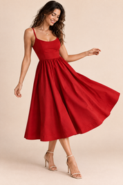 Robe midi rouge plissée évasée | Vue de dos | Lounelle Paris
