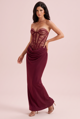 Burgundy Strapless Corset Maxi Dress