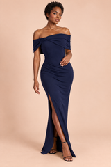 Navy Bardot Maxi Dress with Bow and High Slit
