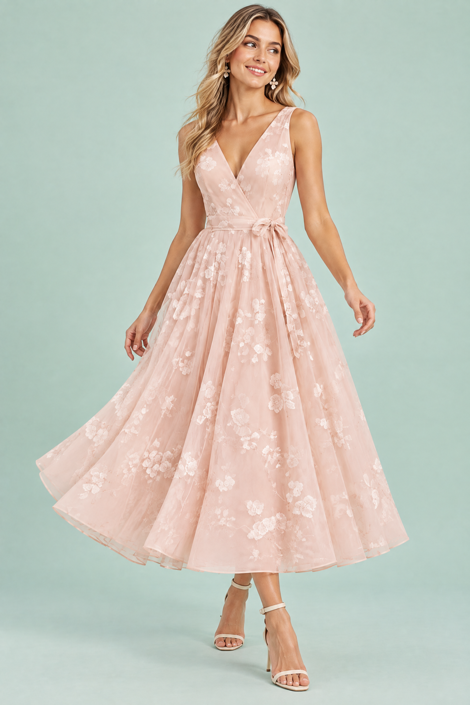 Robe midi fleurie rose clair à la coupe patineuse | Vue en mouvement | Lounelle Paris