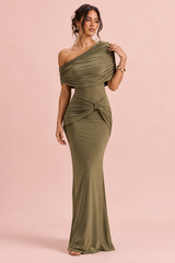 Olive Off-Shoulder Ruched Maxi Dress