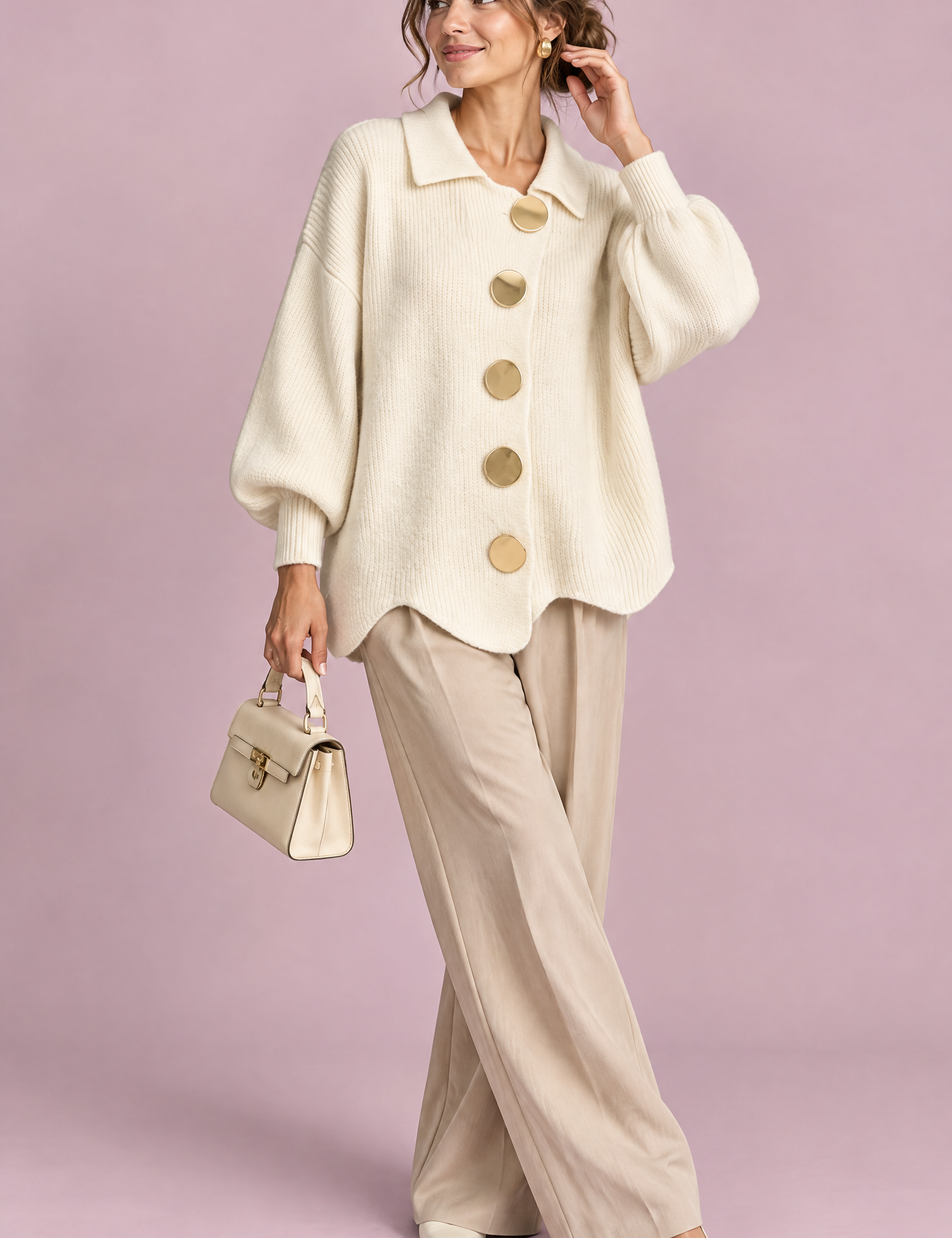 Cardigan oversize crème à col | Vue de face | Lounelle Paris