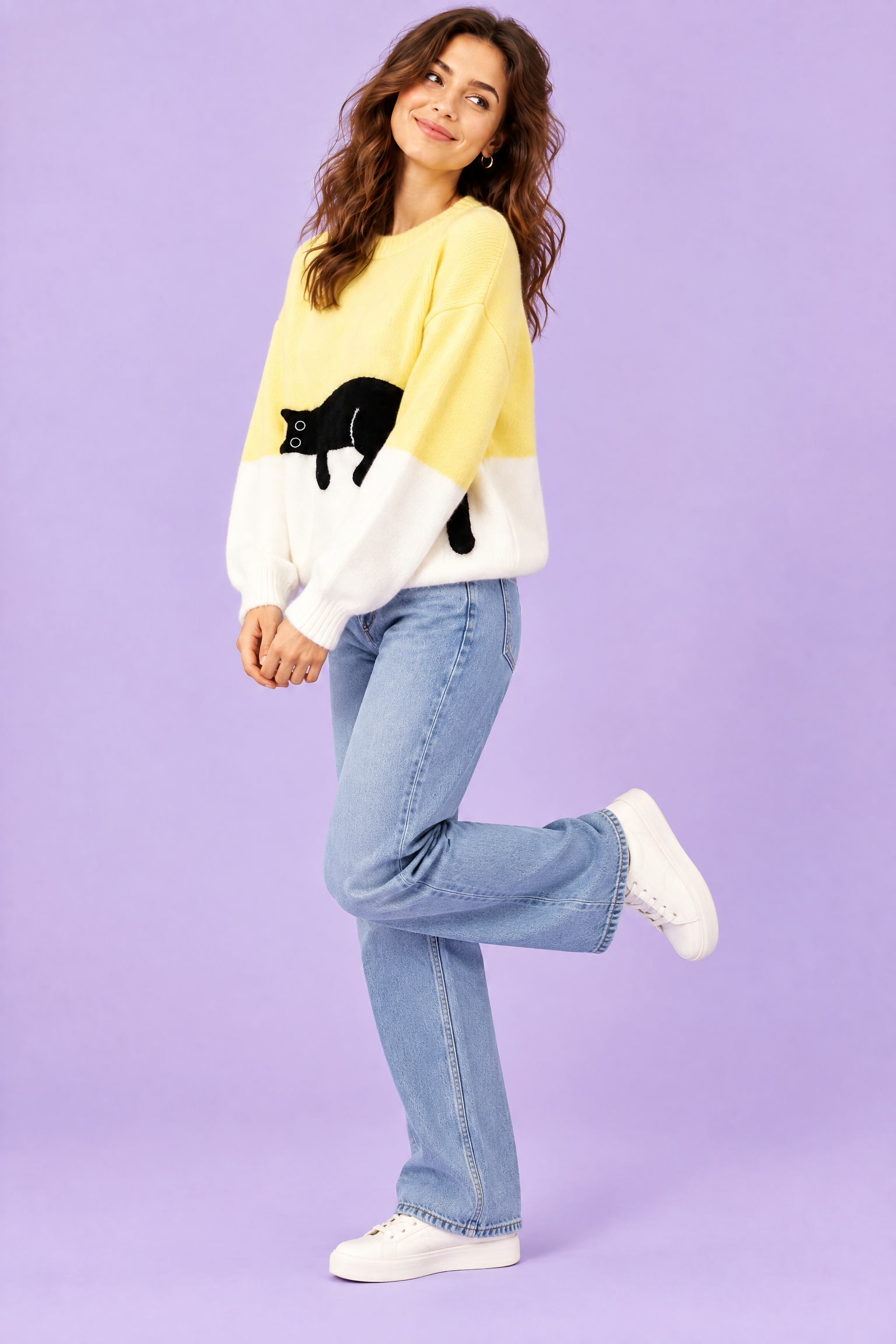 Pull oversize jaune à motif chat | Vue de dos | Lounelle Paris