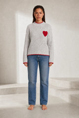 Gray Pullover with Heart Pattern and Mock Neck