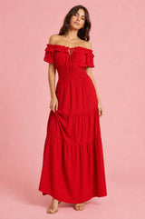 Off-the-Shoulder Ruffle Puff-Sleeve Tiered Maxi Dress