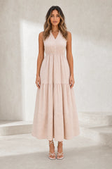 Apricot V-Neck Ruffle Dress