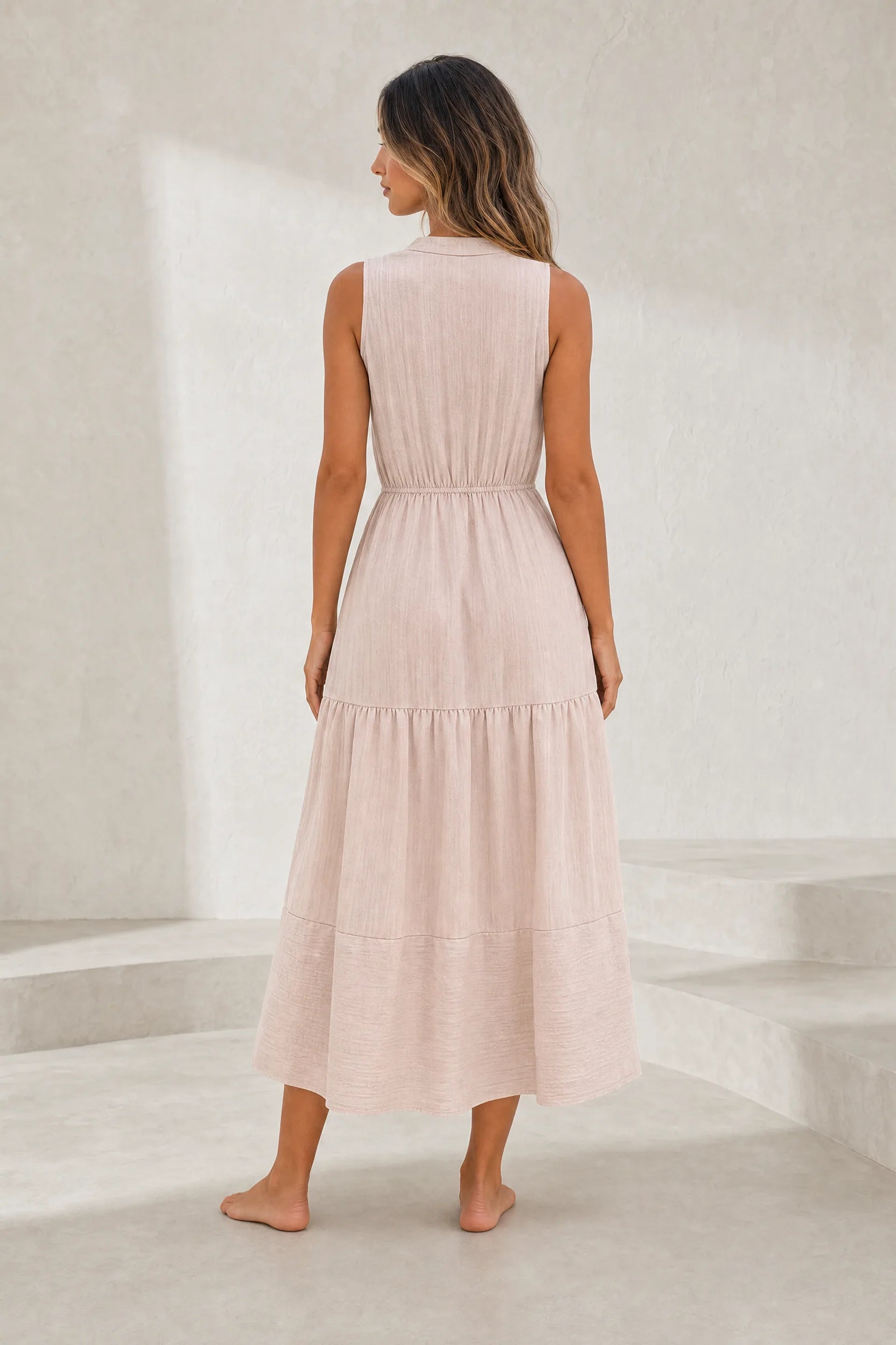 Robe abricot col V à volants | Lounelle Paris