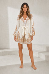 Apricot V-Neck Puffy Sleeve Dress