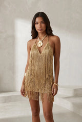 Apricot Backless Fringed Dress