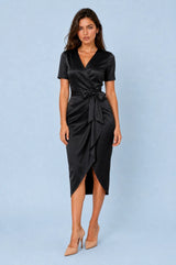 Satin Wrap V-Neck Tie-Waist Midi Dress