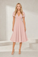 V-neck wrap dress with puff sleeves