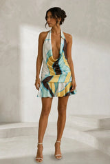 Printed halter neck backless dress
