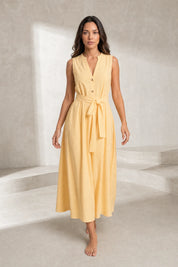 Robe jaune clair sans manches ceinturée | Lounelle Paris