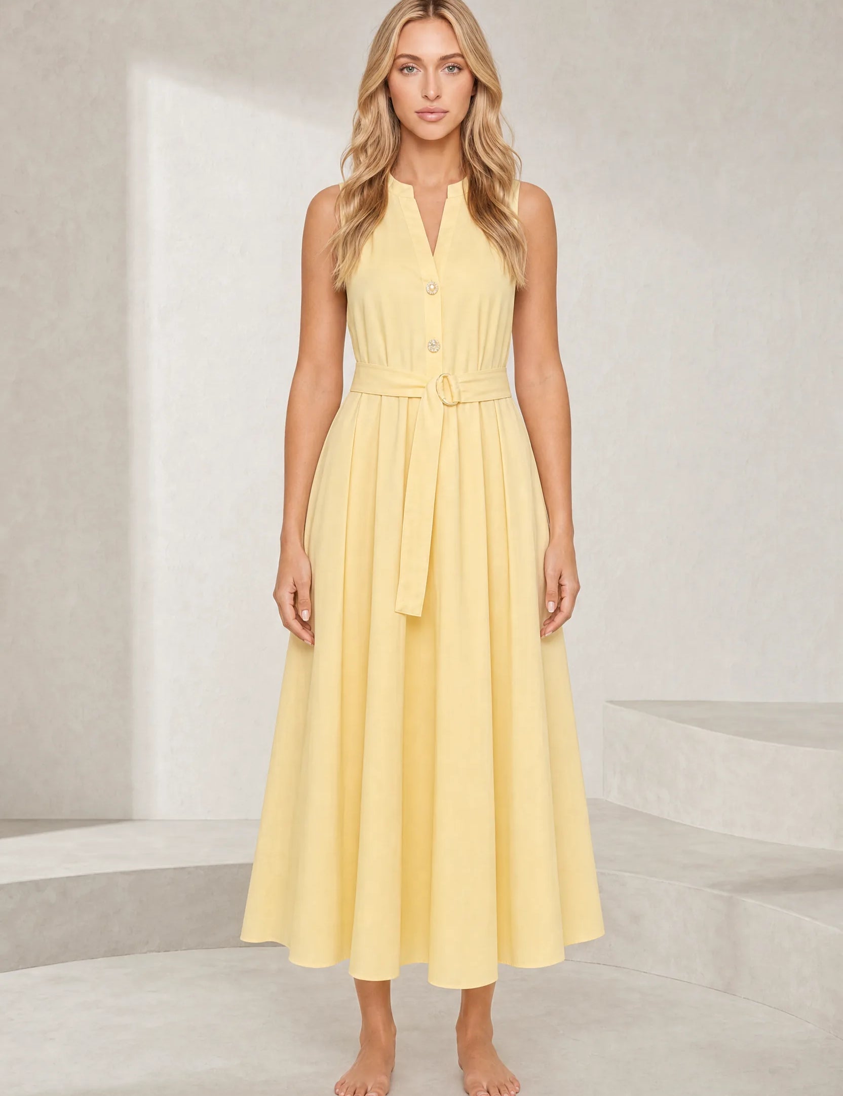 Robe jaune col en V ceinturée | Lounelle Paris