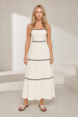 Long apricot dress with tied back