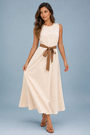 Robe longue abricot sans manches ceinturée | Vue de face | Lounelle Paris