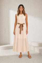 Apricot Sleeveless Belted Long Dress