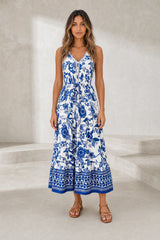 Long White V-Neck Printed Dress