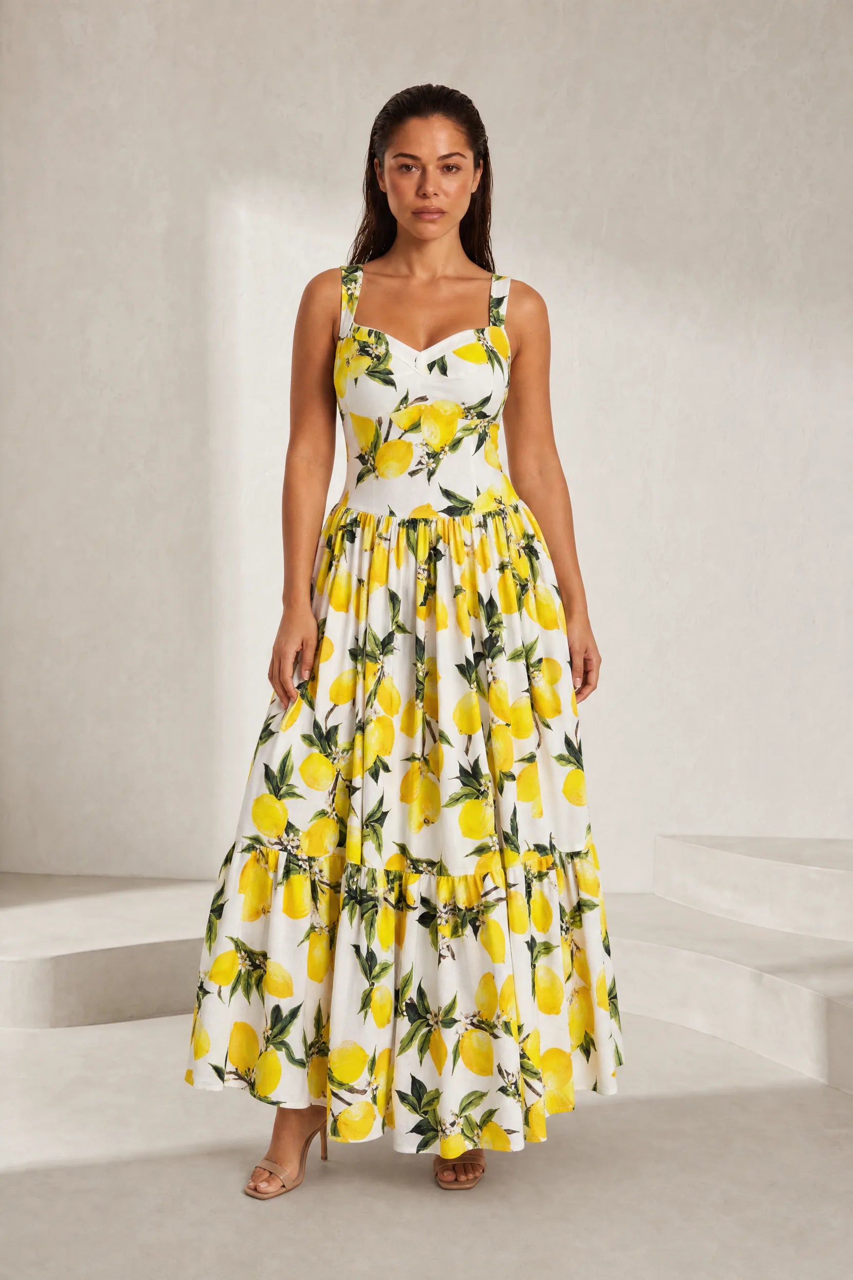Robe longue blanche imprimée à bretelles | Lounelle Paris