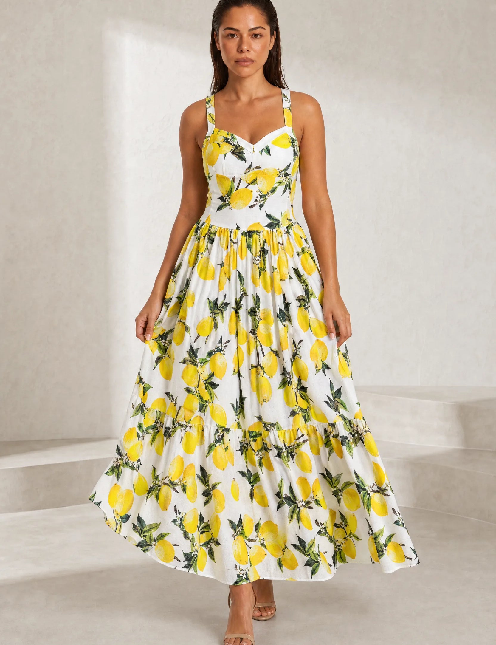 Robe longue blanche imprimée à bretelles | Lounelle Paris
