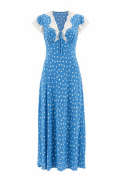 Robe longue bleue à pois col V | Lounelle Paris