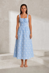 Blue Square-Neck Smocked-Back Long Dress