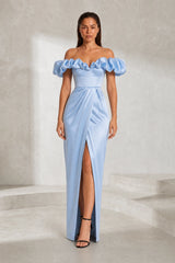 Long blue slit dress with bare shoulders