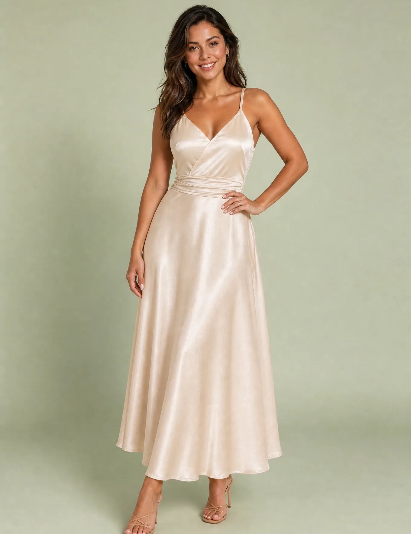 Robe longue champagne fines bretelles | Vue de face | Lounelle Paris