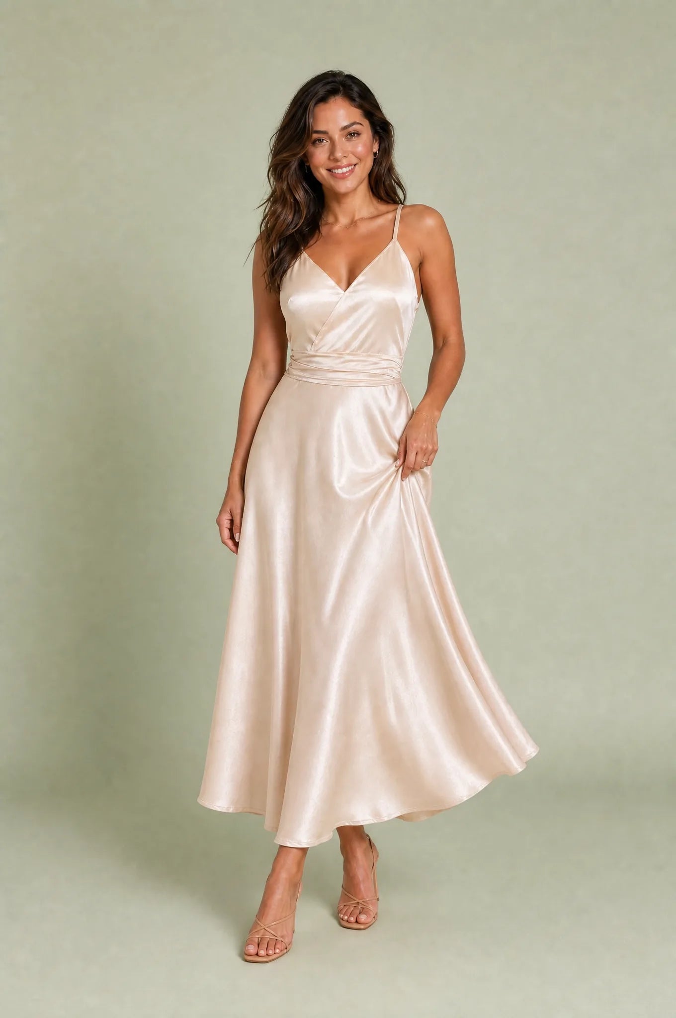 Robe longue champagne fines bretelles | Vue en mouvement | Lounelle Paris